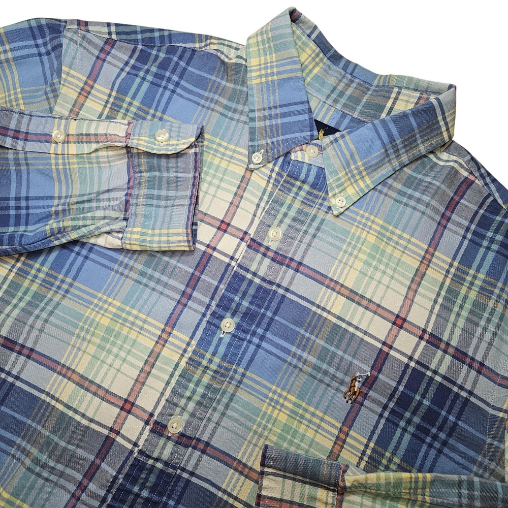 VTG Ralph Lauren Shirt Men L Blue Plaid Button Down Flesh Pony Logo‎ Preppy Work